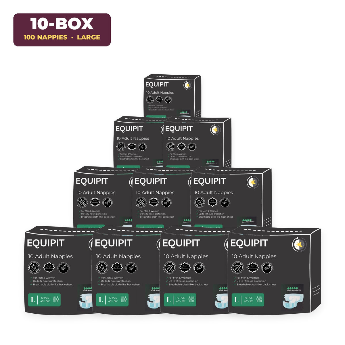 Large Adult Nappies, Box of 10 Packs (100 Nappies)