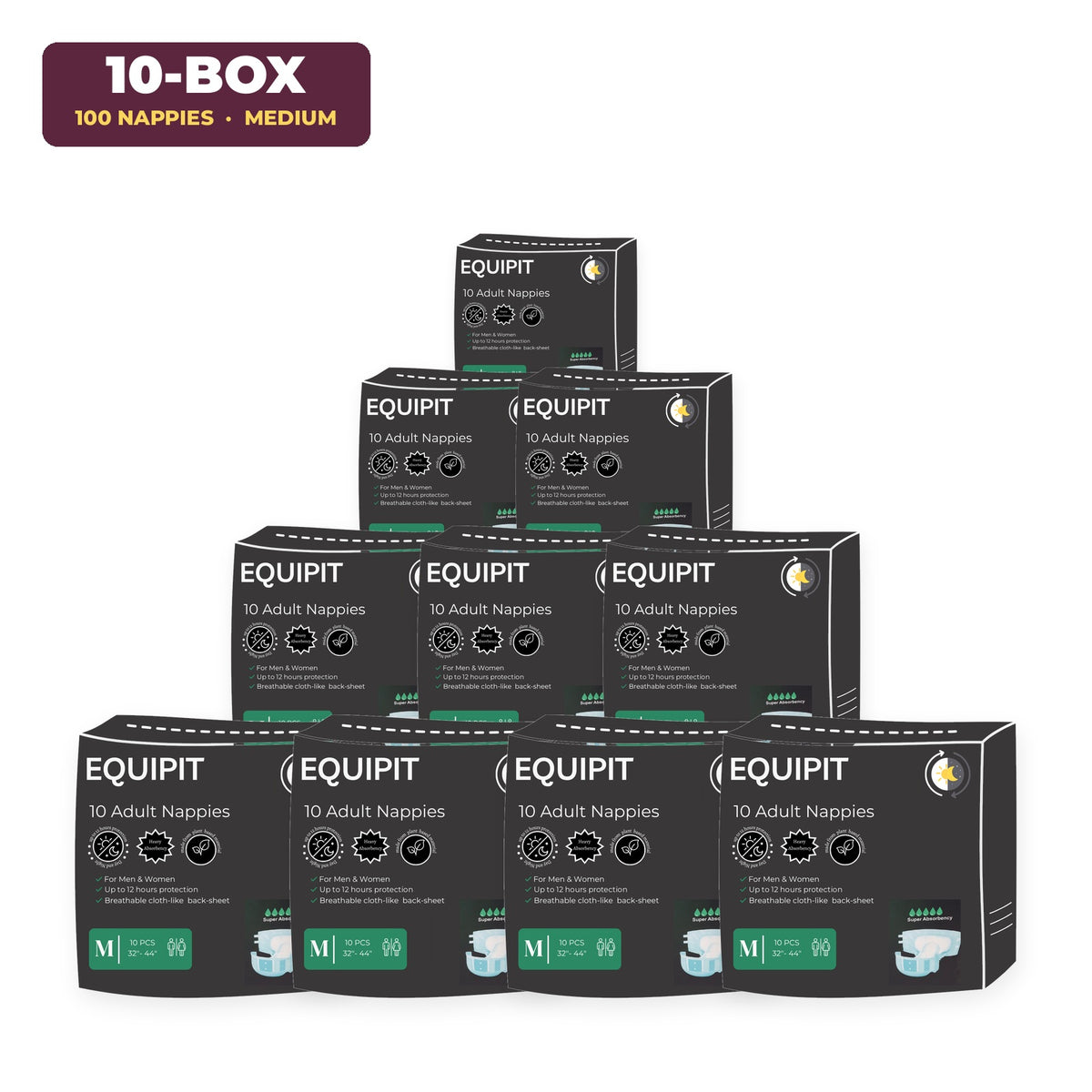 Medium Adult Nappies, Box of 10 Packs (100 Nappies)