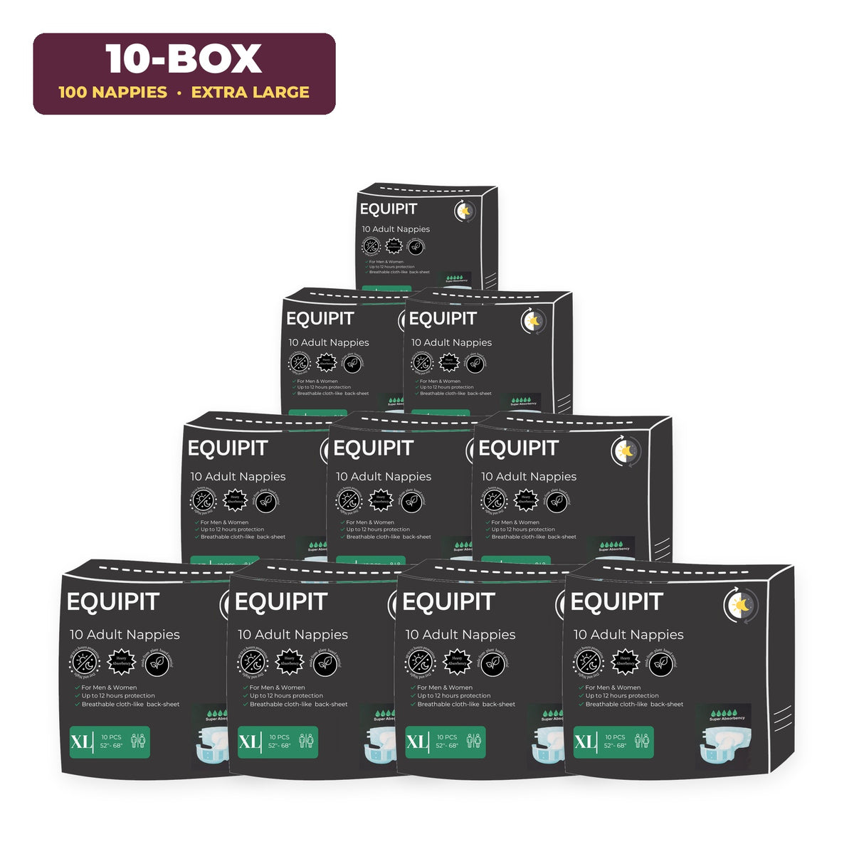 Extra Large Adult Nappies, Box of 10 Packs (100 Nappies)